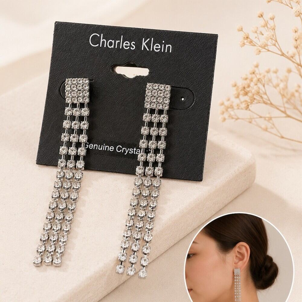 Cute Charles Klein Earrings Silver Clear Crystal Multi-Strand Dangle Drop formal